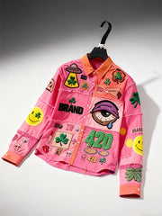 Stylish Christmas season-appropriate long-sleeved shirt with a patchwork print of various patterns