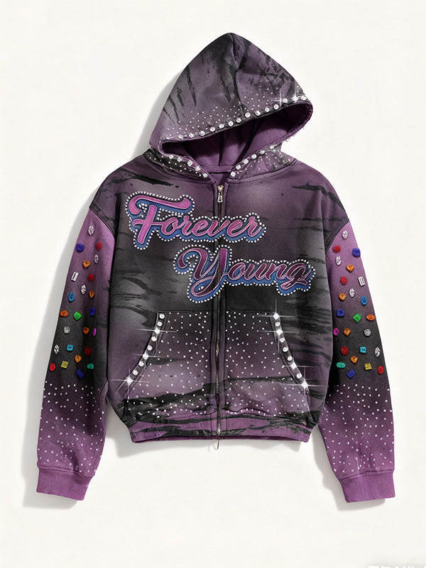 Colorblock Letter Graphic Faux Rhinestones Print Zip Up Hooded Coat