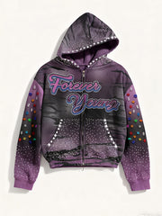 Colorblock Letter Graphic Faux Rhinestones Print Zip Up Hooded Coat