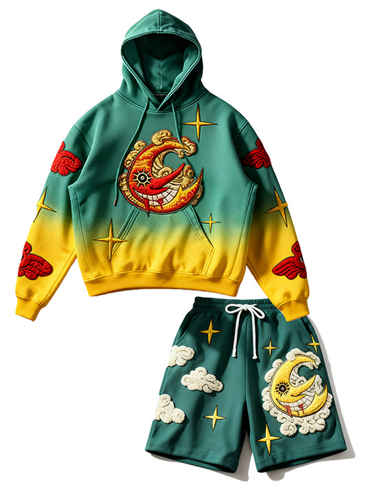 Classic sun and moon embroidered effect printed warm sweatshirt