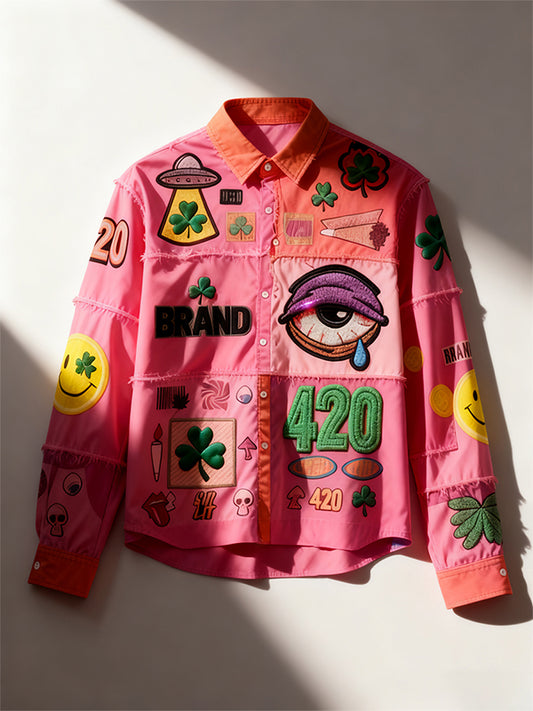 Stylish Christmas season-appropriate long-sleeved shirt with a patchwork print of various patterns