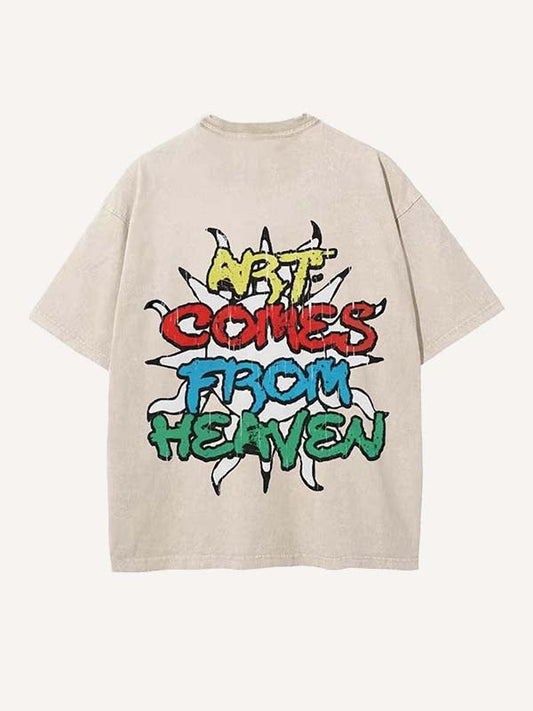 Distressed Washed Sun&Letter Print Round Neck T-shirt