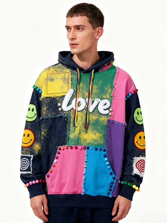 Fashionable patchwork texture print hooded sweatshirt