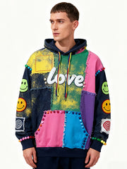 Fashionable patchwork texture print hooded sweatshirt