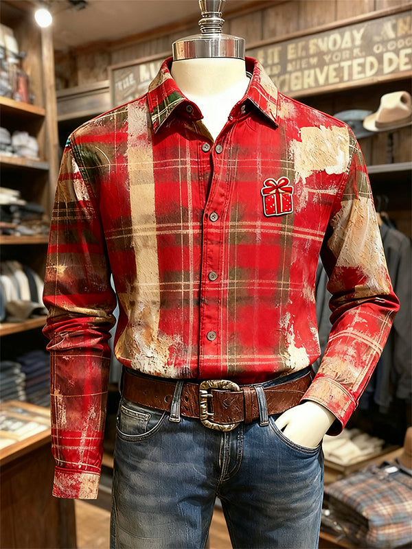 Distressed Christmas-style plaid shirt