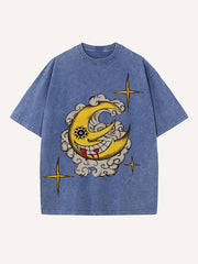 Distressed Washed Evil Moon&Sun&Star&Cloud Print Round Neck T-shirt