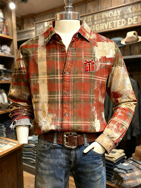 Distressed Christmas-style plaid shirt