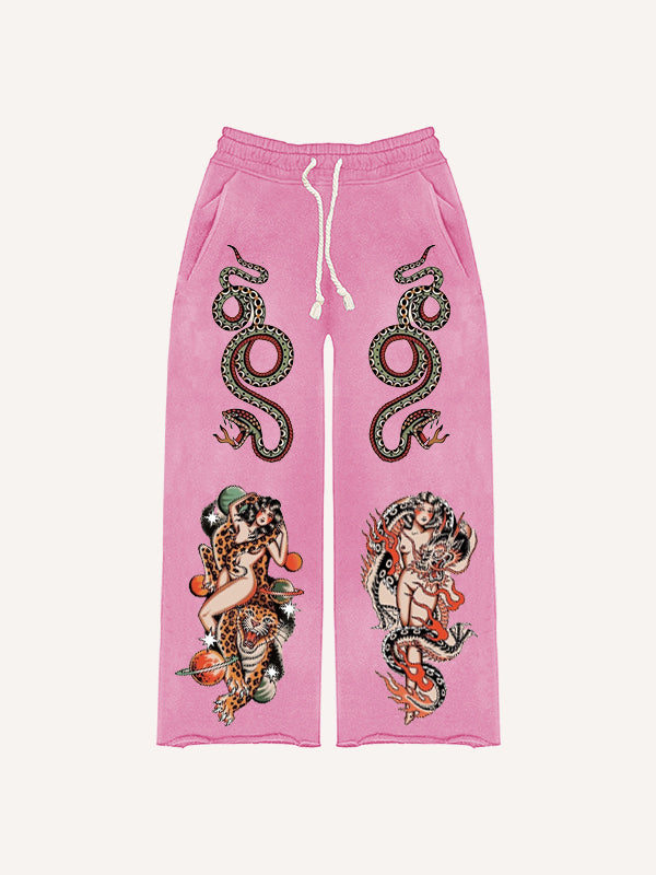 Retro Girl Tattoo Sexy Print Trousers