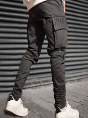 Solid Color Flap Pocket Side Zipper Detail Drawstring Waist Cargo Pants