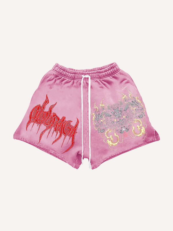Japanese hand-painted mythical beast limited edition print shorts