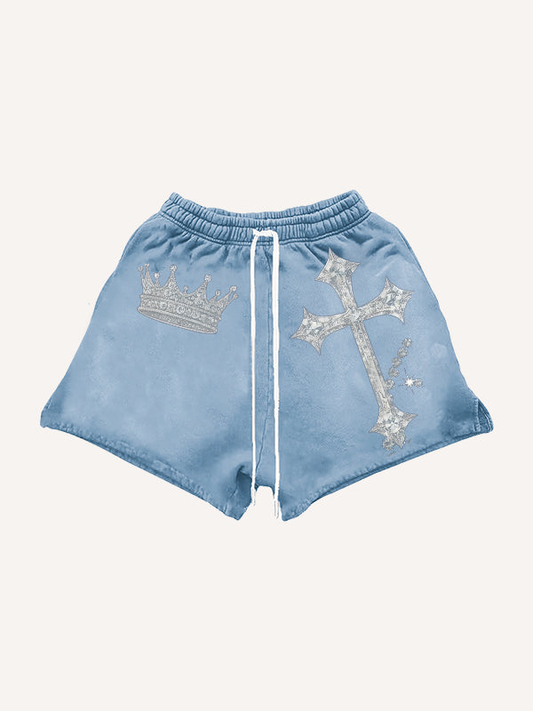 Rhinestone Heavy Industrial Light Luxury Hooded Print Shorts