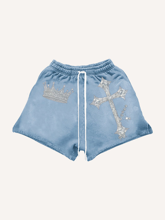 Rhinestone Heavy Industrial Light Luxury Hooded Print Shorts