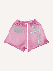 Rhinestone Heavy Industrial Light Luxury Hooded Print Shorts