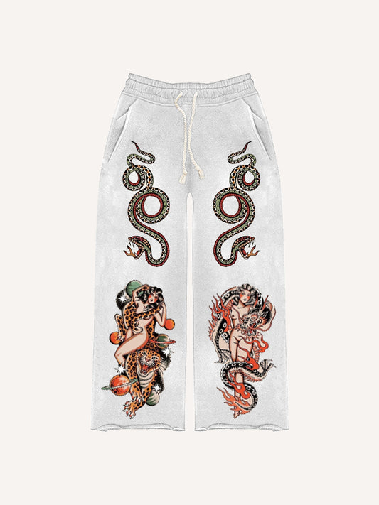 Retro Girl Tattoo Sexy Print Trousers