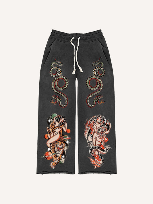 Retro Girl Tattoo Sexy Print Trousers