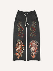 Retro Girl Tattoo Sexy Print Trousers