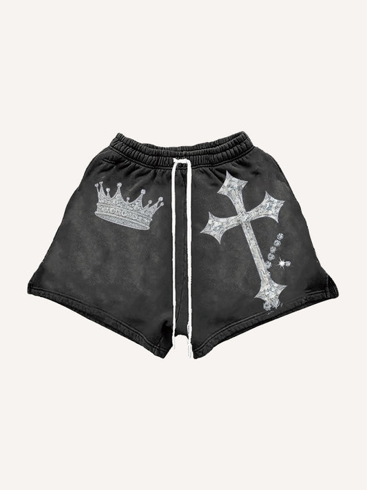 Rhinestone Heavy Industrial Light Luxury Hooded Print Shorts