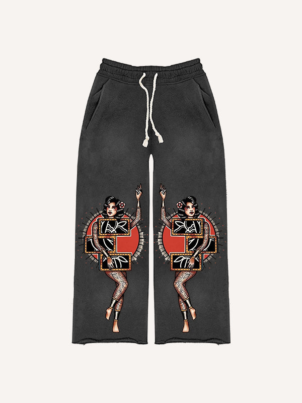 Sexy girl tattoo riding tiger print trousers