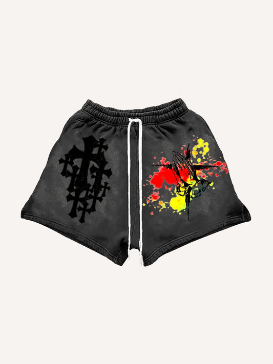 Distressed Jesus Christ graffiti shorts