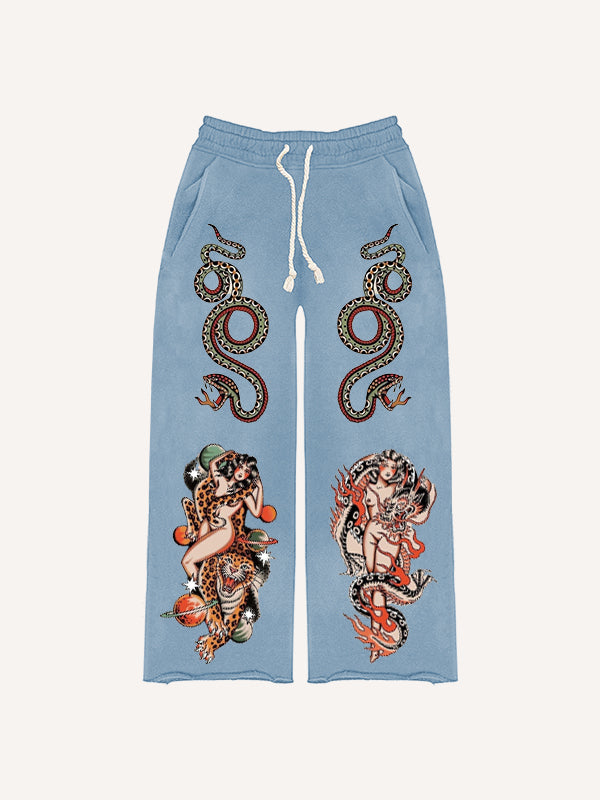 Retro Girl Tattoo Sexy Print Trousers