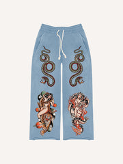 Retro Girl Tattoo Sexy Print Trousers