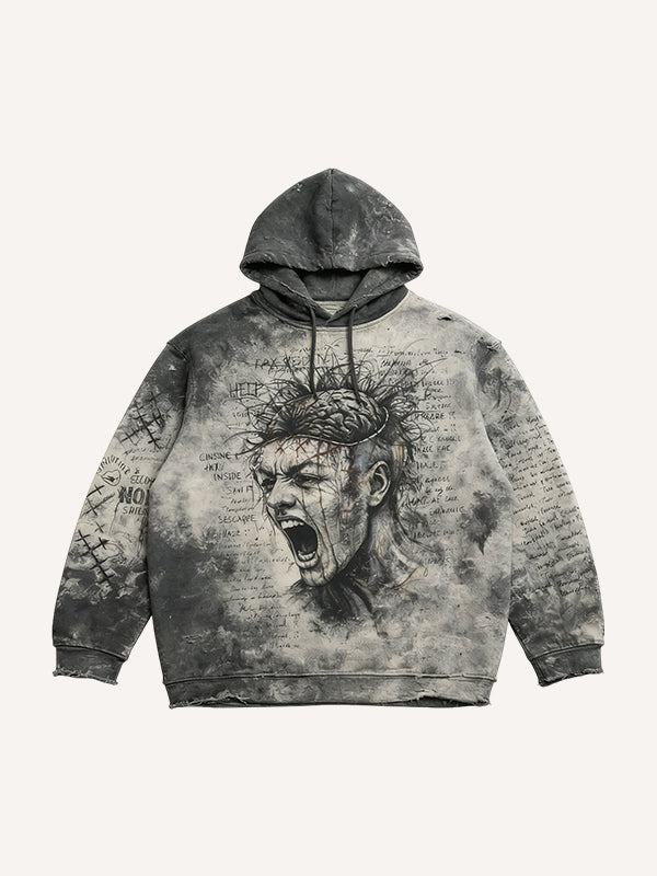 The furious roar—who can understand this distressed printed hoodie