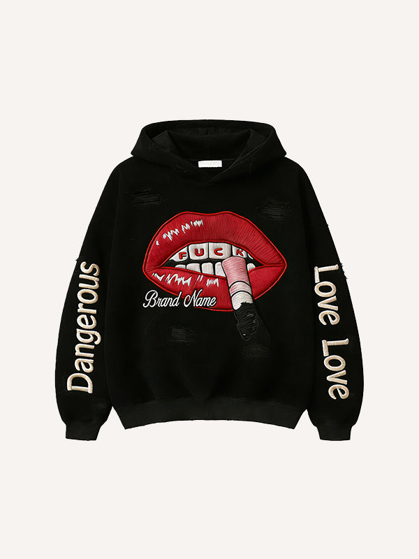Do not touch the dangerous woman is red lips - Corduroy print hooded sweatshirt