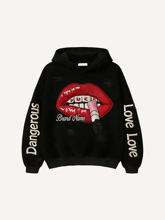 Do not touch the dangerous woman is red lips - Corduroy print hooded sweatshirt