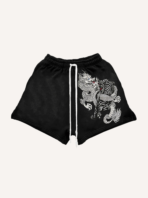 Embroidered white dragon ethnic style shorts