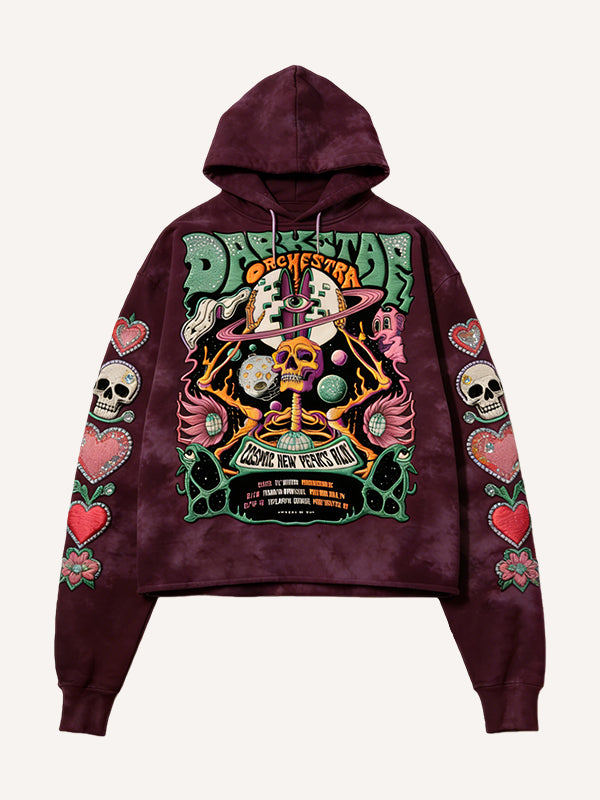 Maroon hoodie with colorful graphic design on a white background