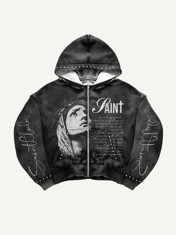 Zippered distressed Mary Bless Me trendy sweatshirt