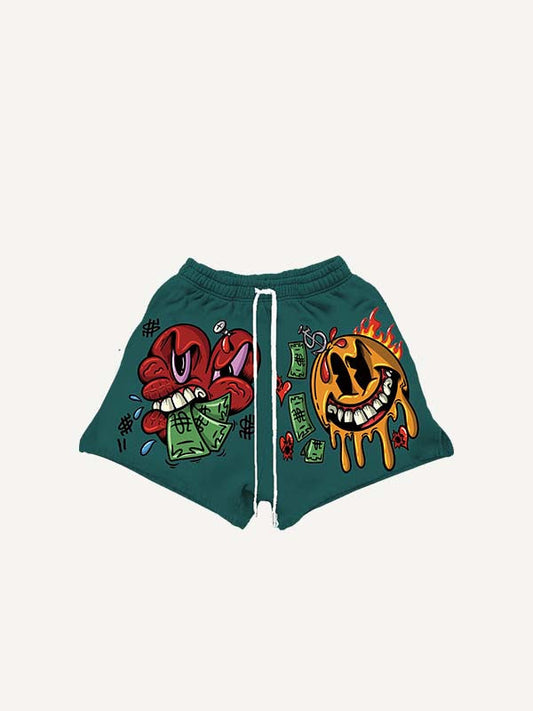 Smiley Face&Heart&Money&Letter Print Drawstring Waist Shorts