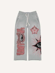 Eye Star Letter Print Elastic Waist Pants