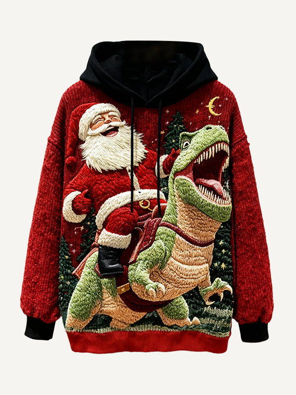 Santa Claus might be riding a dinosaur-print sweatshirt