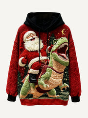 Santa Claus might be riding a dinosaur-print sweatshirt