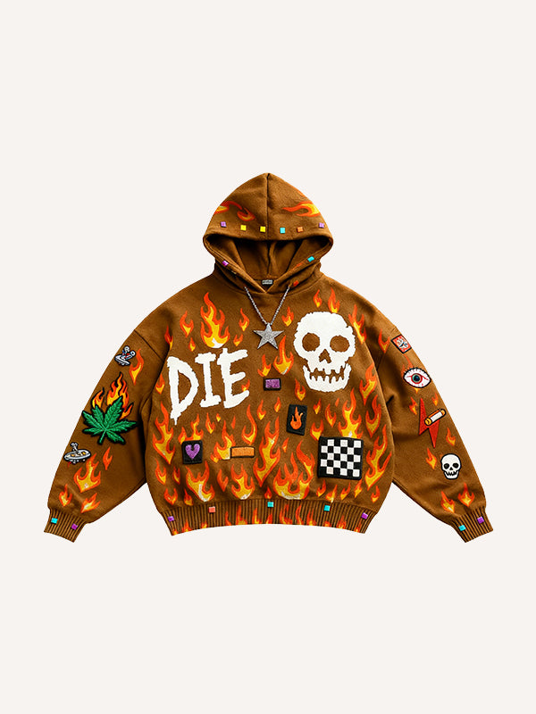Passionate Classic Skull Print Maple Leaf Burning Y2K Hoodie