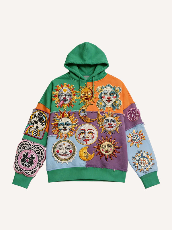 Patchwork Print Hooded Love Sun Sweatshirt