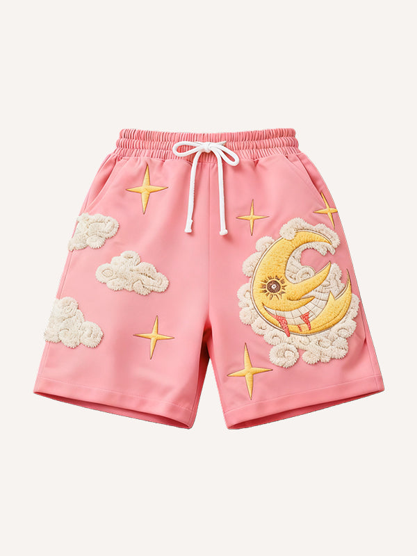 Classic sun and moon embroidered effect print thermal shorts