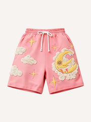 Classic sun and moon embroidered effect print thermal shorts