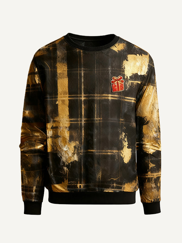 Stylish plaid crew neck sweatshirt with dazzling gold splatter pattern