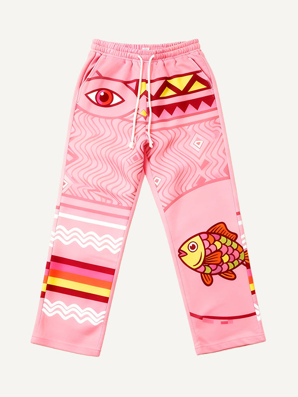 Cosmic Devouring Cat and Its Fish Print Textured Pants