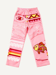 Cosmic Devouring Cat and Its Fish Print Textured Pants
