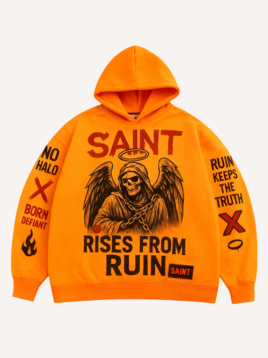 New printed crew neck hooded sweatshirt that looks like a devil but is actually an angel