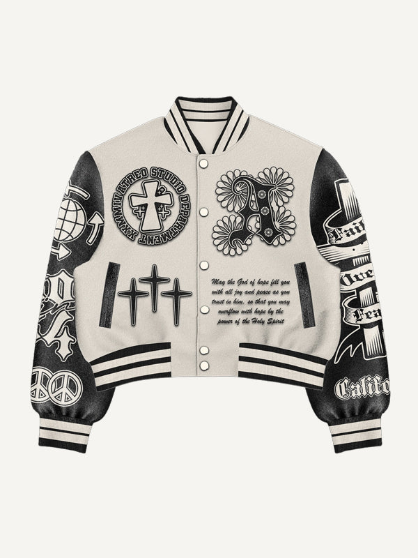 Lord Let Us Keep Peace patchwork print baseball jacket
