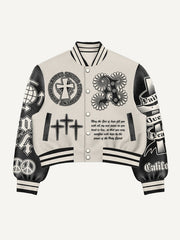 Lord Let Us Keep Peace patchwork print baseball jacket