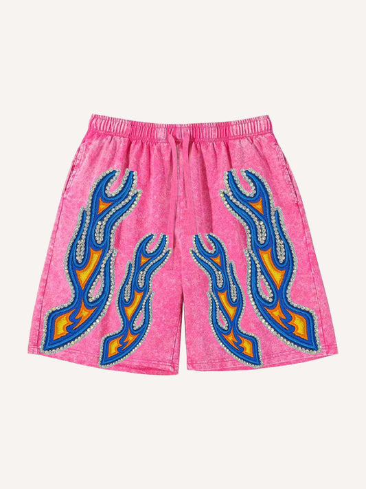Washed flame rhinestone skull embellished shorts