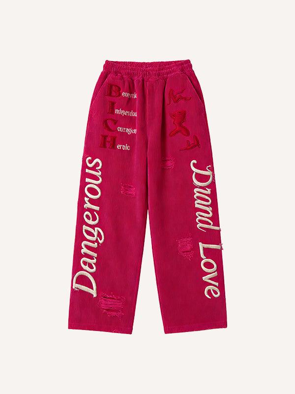 Do not touch the dangerous woman is red lips or the corduroy printed trousers