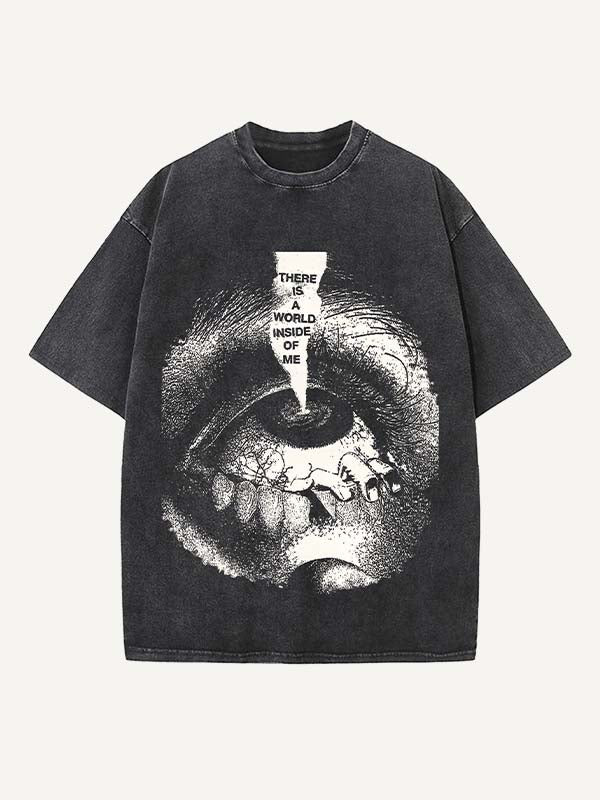 Distressed Washed Eye&Letter Print Round Neck T-shirt