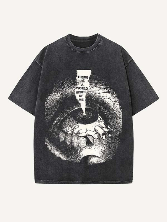 Distressed Washed Eye&Letter Print Round Neck T-shirt