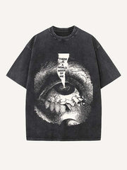 Distressed Washed Eye&Letter Print Round Neck T-shirt